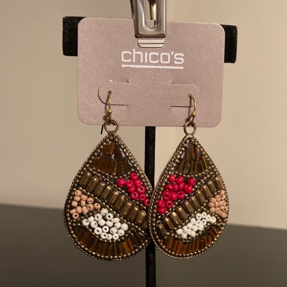 Chico's Beaded Teardrop Earrings with Red and Brown Accents
